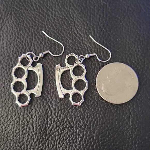 Mini silver tone brass knuckle earrings, punk, goth, rebellious aesthetic - Picture 2 of 2